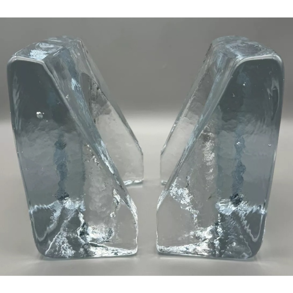 Vintage BLENKO Wayne Husted Sculptural Wedge MCM Art Glass Ice Block Bookends